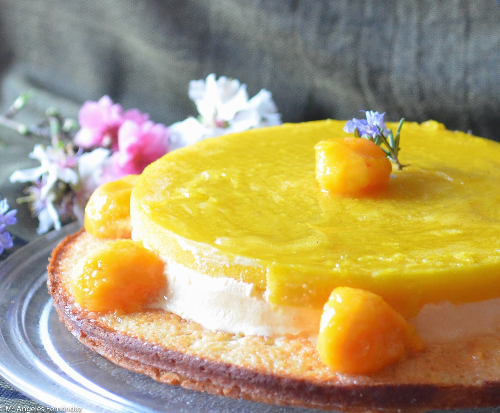 Tarta helada de frutas amarillas sobre financier de mango 