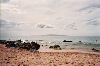 The view of Molokini crater and Kaho'olawe from the beach at our hotel