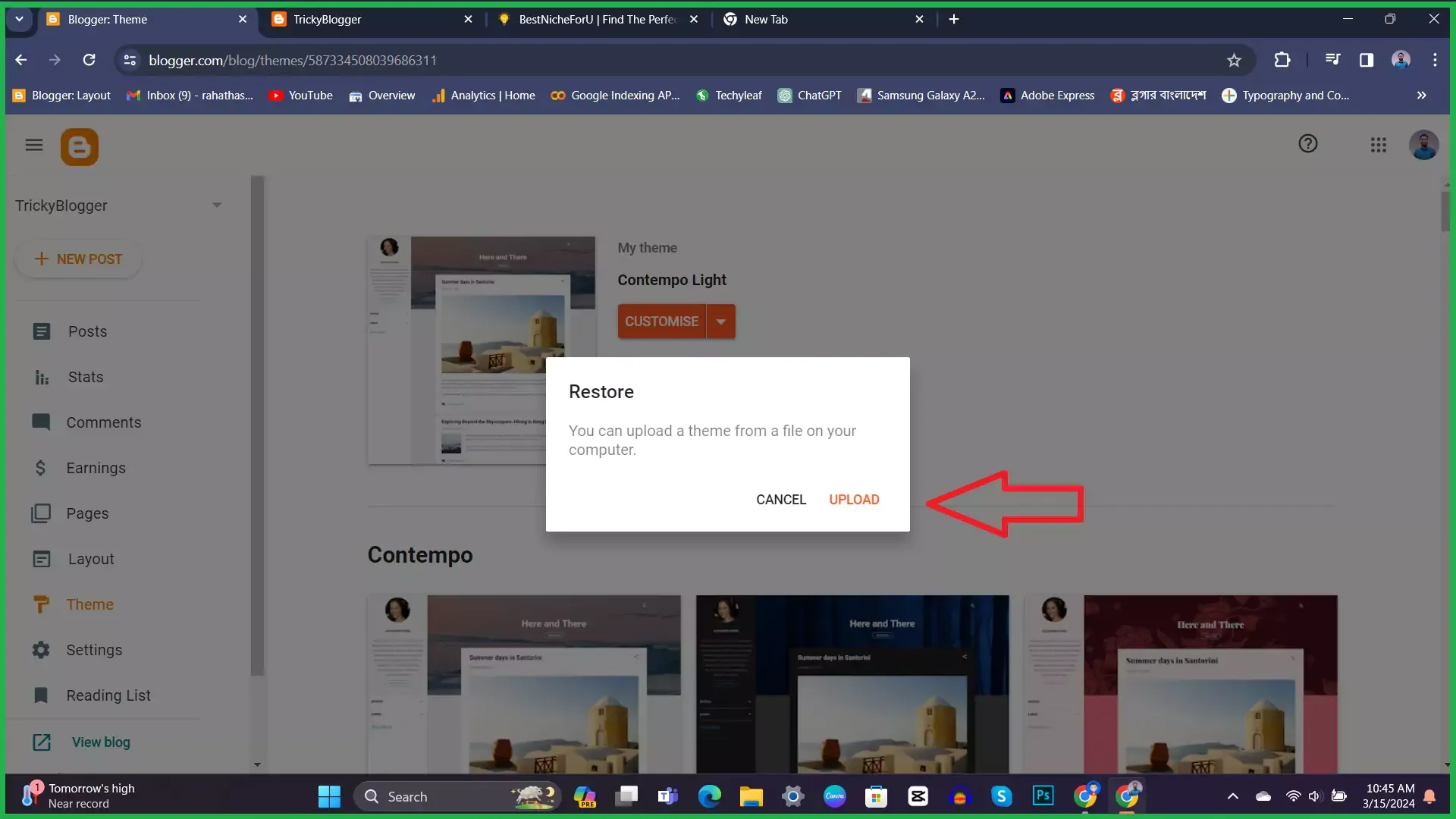 screenshot of how to install custom theme on blogger