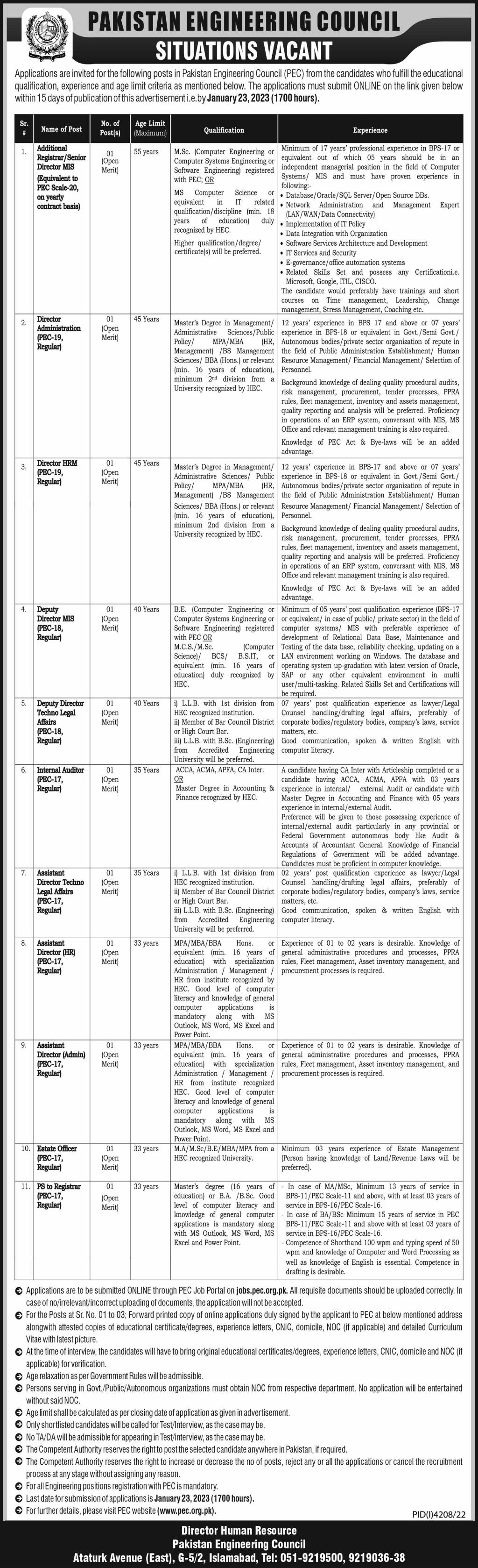 Pakistan Engineering Council PEC Jobs