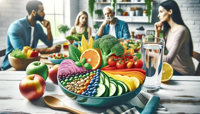 Colorful plate with fruits, vegetables, whole grains, and lean protein in a bright kitchen, with diverse people in the background.