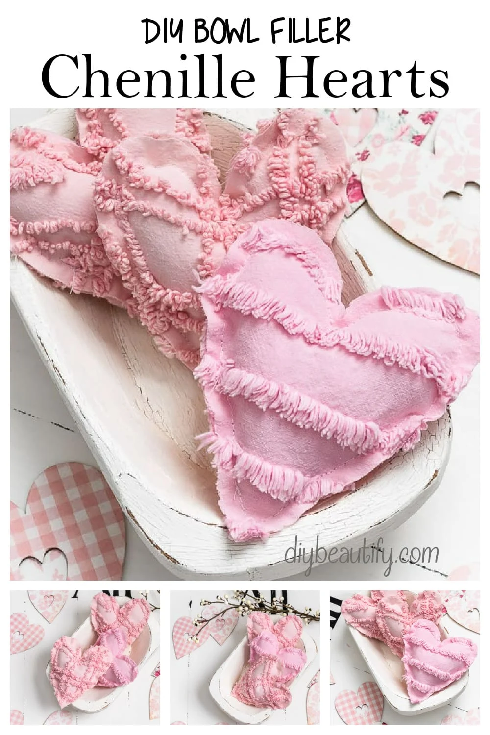 pink chenille hearts, white dough bowl