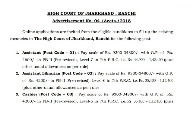 Jharkhand High Court Assistant Recruitment Notification 