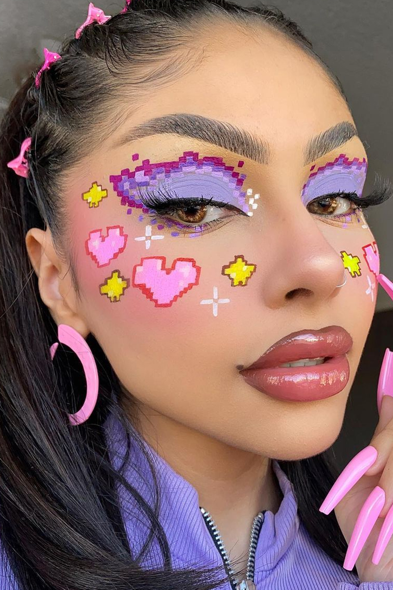 a close-up selfie of a beautiful e-girl with pixel art style makeup look