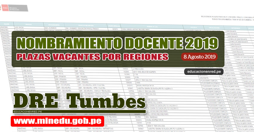 DRE Tumbes: Relación Final de Plazas Vacantes para Nombramiento Docente 2019 (.PDF ACTUALIZADO 8 AGOSTO) www.dret.edu.pe