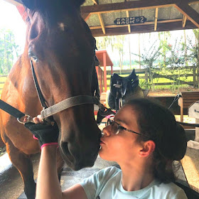 On the left of the frame, a brown horse looks at the camera. On the right of the frame, Bryanna extends a hand toward the horses face, kissing him on the nose