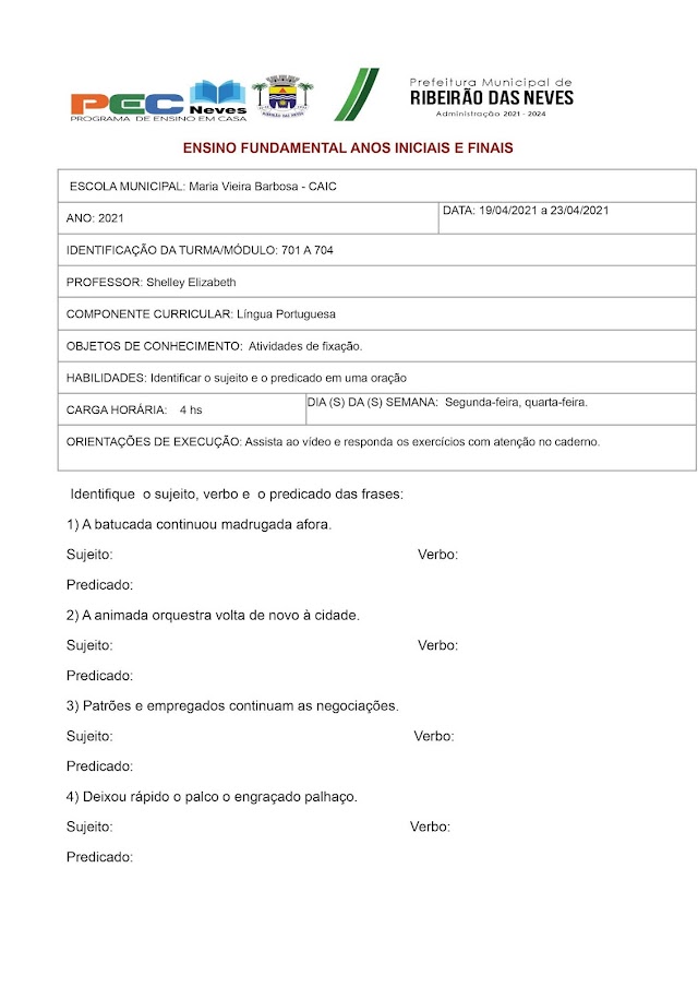 Português 701 a 704 - Exercícios de fixação 19/04 a 23/04