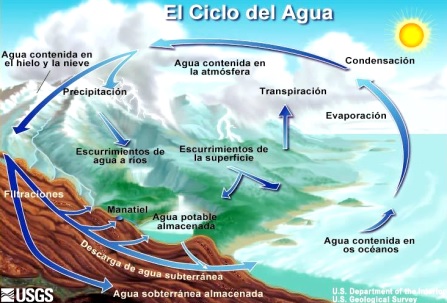 Imagen del ciclo del agua indicando sus procesos 