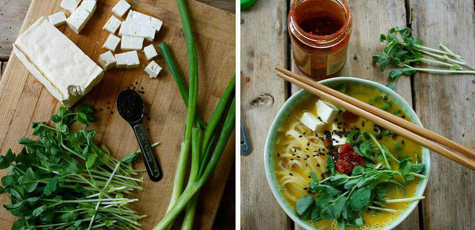 16 Vegan One-Pot Recipes If Your Are Considering Cutting Animals Out Of Your Diet - Butternut Squash Ramen Bowl With Rice Noodles, Tofu and Pea Shoots