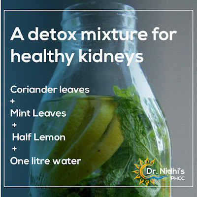 A jar of water with lemon, coriander leaves, mint leaves and lemon