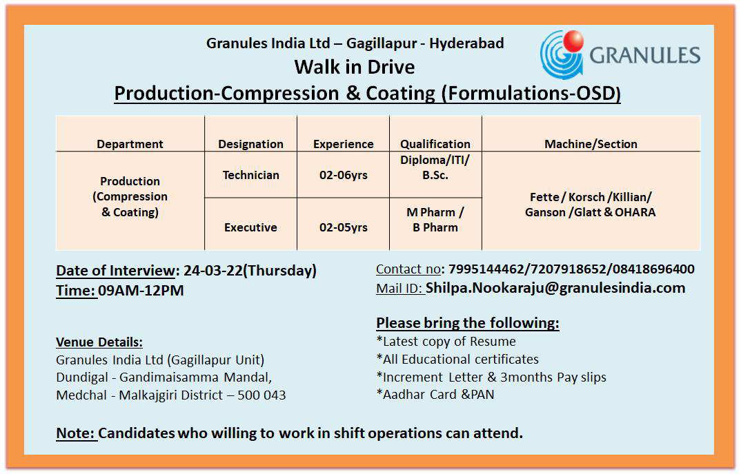 Job Availables,Granules India Ltd  Walk-In-Interview For BSc/ B.Pharm/ M.Pharm/ Diploma/ ITI