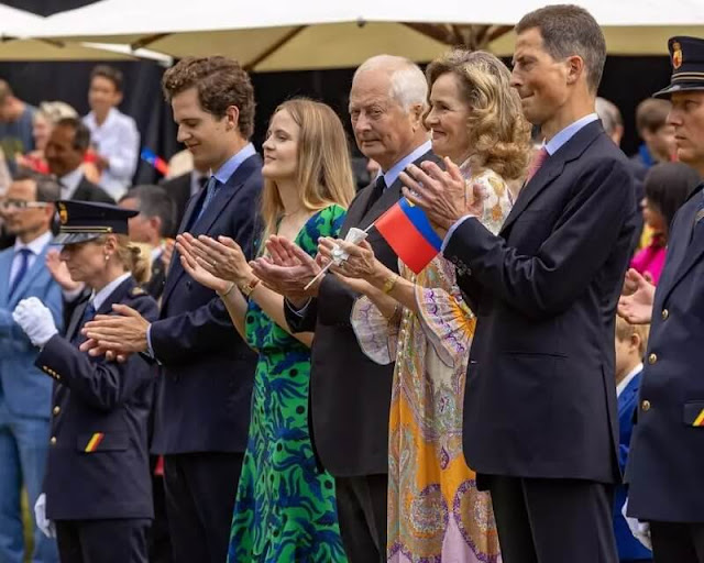 Princess Sophie wore a Lola paisley midi dress by Zimmermann. Princess Marie-Caroline wore a green top and skirt by Kenzo
