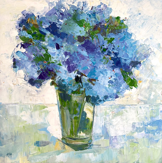 Still life painting of blue hydrangea in a vase by Karri Allrich