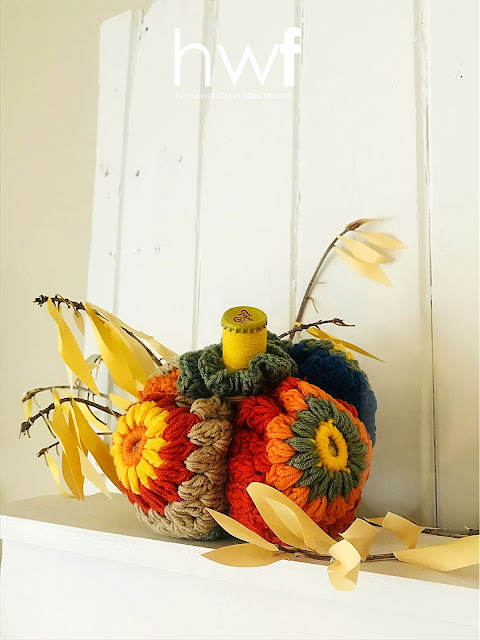 pumpkins,Sweet Sweater Pumpkins,fall,tutorial,DIY,diy decorating,up-cycling,re-purposing,crafting,thrifted,boho style,colorful home,decorating,granny squares,crochet hat pumpkin,fabric pumpkins,fall home decor, diy fall home decor, diy home decor, diy pumpkins.