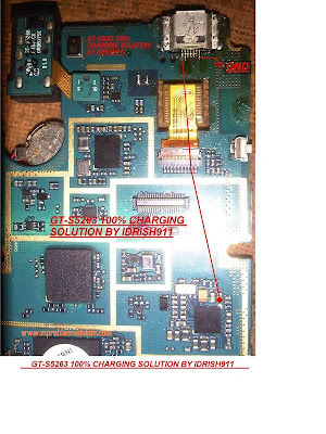 Samsung Star 2 GT-s5263 charging problem repair ways solution, its very simple, two wire jumper by red marked section.