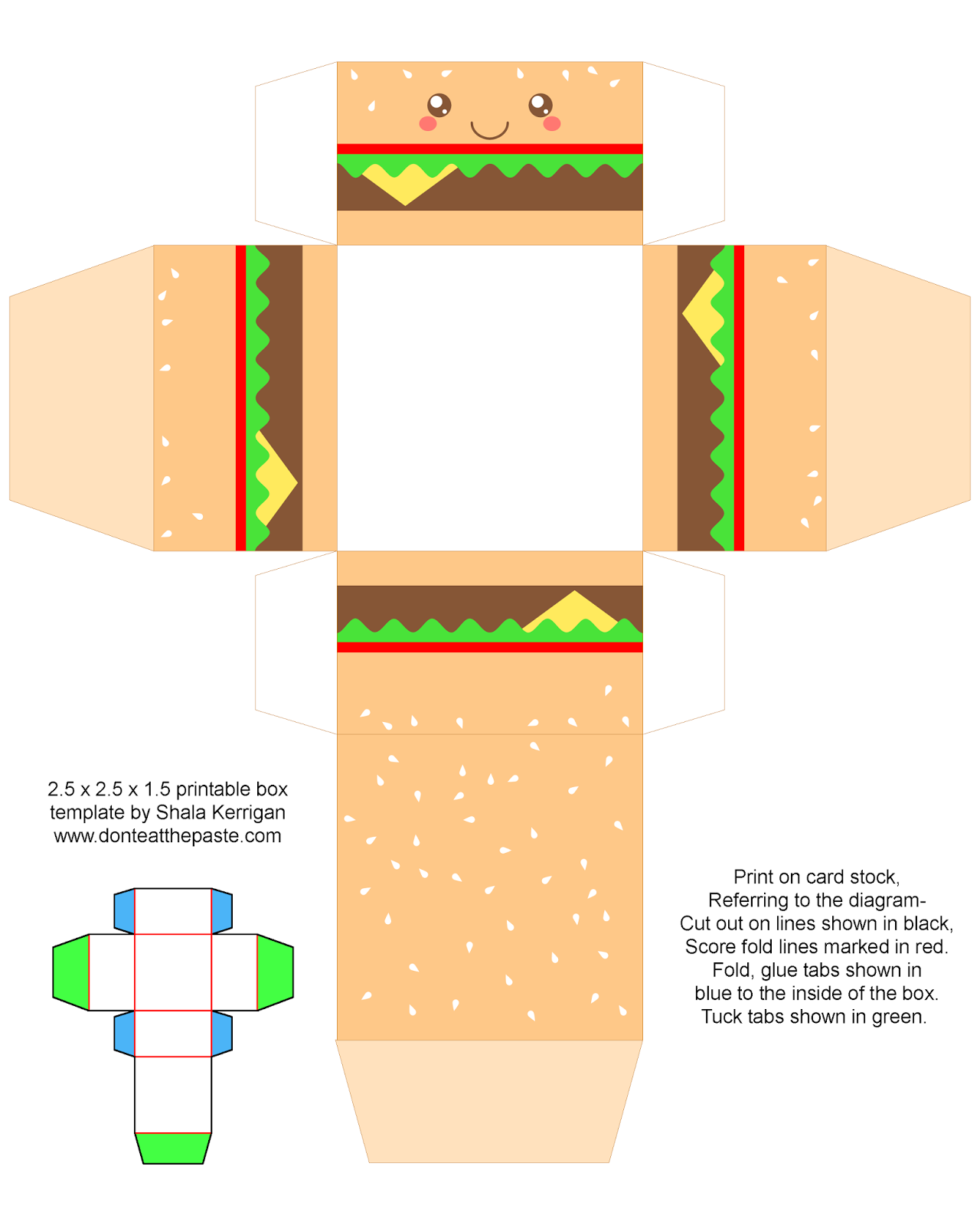 Printable cheeseburger box- also available without the cute face. 
