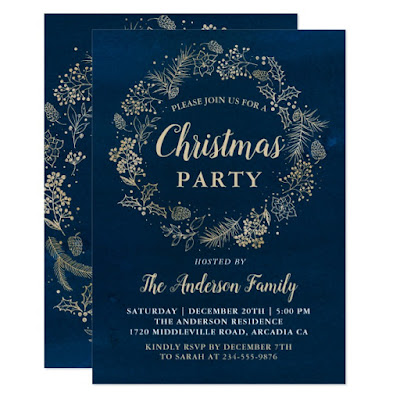  Watercolor Navy Gold Wreath Christmas Party Invitation