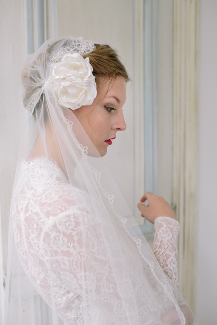 Vintage inspired cloche veil in lace, from Heavenly Vintage Brides - side view with silk rose