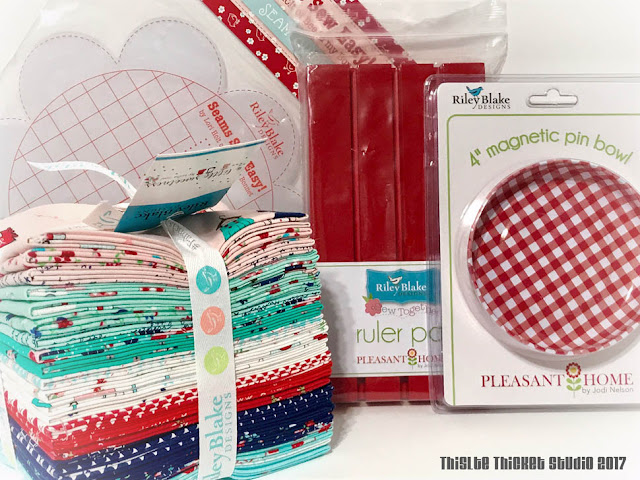 Instagram Prize on Thistle Thicket Studio. www.thistlethicketstudio.com. A Little Sweetness fat quarter bundle by Tasha Noel for Riley Blake, Seams Sew Easy seam guide by Lori Holt of Bee In My Bonnet, and magnetic pinbowl and Ruler Pal by Jodi Nelson of Pleasant Home.