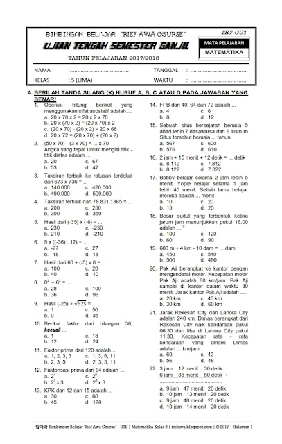 Download Soal Ujian Tengah Semester Ganjil Uts 1 Matematika Kelas