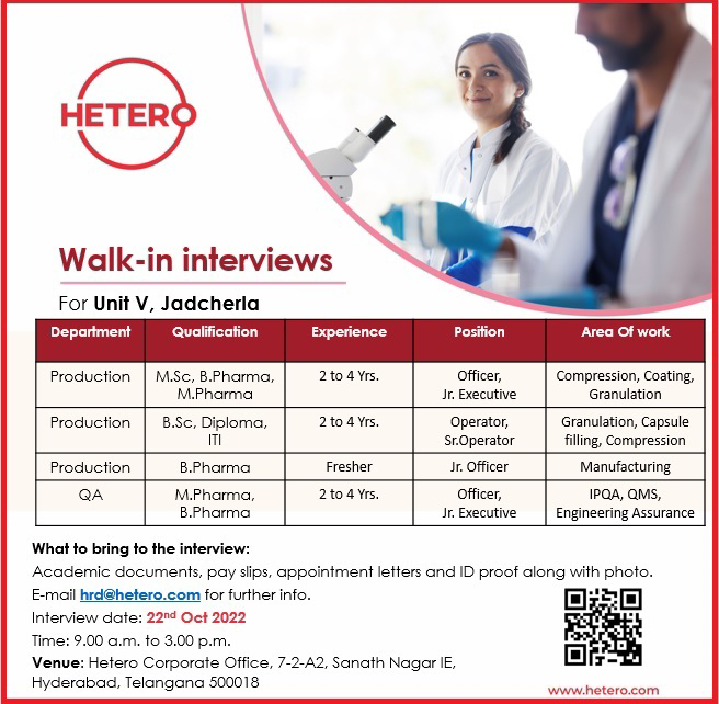 Job Availables for Hetero Walk-In Interview for MSc/ B Pharm/ M Pharm/ BSc/ Diploma/ ITI