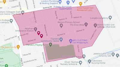 A street maps with a pink area showing low traffic neighbourhood. There are two markers representing modal filters.