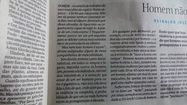 "Homem não presta", ou "Na nossa espécie, violência e estupidez são coisa de homem, não de mulher", Reinaldo José Lopes, Folha de São Paulo, 14 de janeiro de 2018