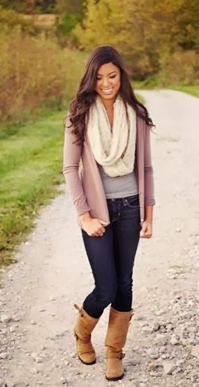 Long white scarf, cardigan, grey shirt, jeans and brown long shoes for fall