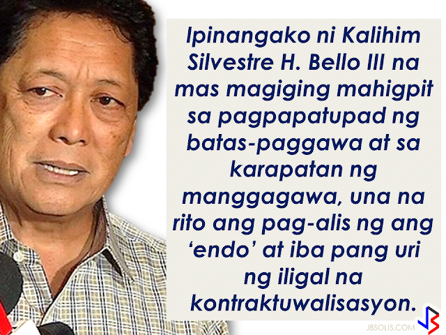 7.5 MILYONG TRABAHO,IPINANGAKO NI PANGULONG DUTERTE NA LILIKHAIN SA LOOB NG 6 NA TAON. The Duterte administration  has vowed to end contractualization, age discrimination and the growing number of unemployment. During the last quarter of 2016, the unemployment rate has reached its lowest  and the GDP has on its highest. as Secretary of Labor, Sec. Silvestre Bello III promised full implementation of the labor law and to uphold the rights of the working class, eliminating "endo" and all forms of illegal contractualization.    In his message on the 83rd anniversary of the Department of Labor and Employment, he vowed to consolidate the the protection and security given to the Overseas Filipino Workers (OFWs)          Sec. Bello  also expressed  gratitude for the DOLE partners who helped maintain the harmony and peace in the labor industry with a call to take care of the investors and employers to continue to generate more jobs.   Thanking the employers and investors for their contributions to Philippine economy, Sec. Bello said that they are the most important partners of DOLE.      The Secretary reiterated that one of the goals of the Duterte administration is to create a persuasive environment for the the  investors to come to the Philippines and to provide inspiration to the local businesses to expand more  and generate more jobs.    Sec. Bello said that this goal is vital to hit 7.5 million jobs that President Duterte  has promised to create during his term.    Sec. Bello calls on all officials and employees of the department to serve all Filipinos well, for the labor and employment sector  reforms and for the welfare of the rights and dignity of the workers and for the continuing trust and confidence of the investors in the country.