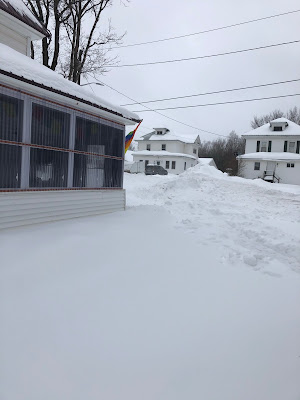 Lots of snow looking out to the street from the back of the house.