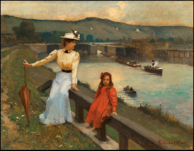 Paul Sinibaldi (1857-1909) : Mme Sinibaldi et sa fille, les écluses de Poses (Eure) Huile sur toile, signée en bas à droite, 0,65x0,50. Collection particulière