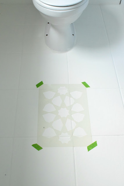 how to stencil a tile floor with chalk paint to get the look of Moroccan tile