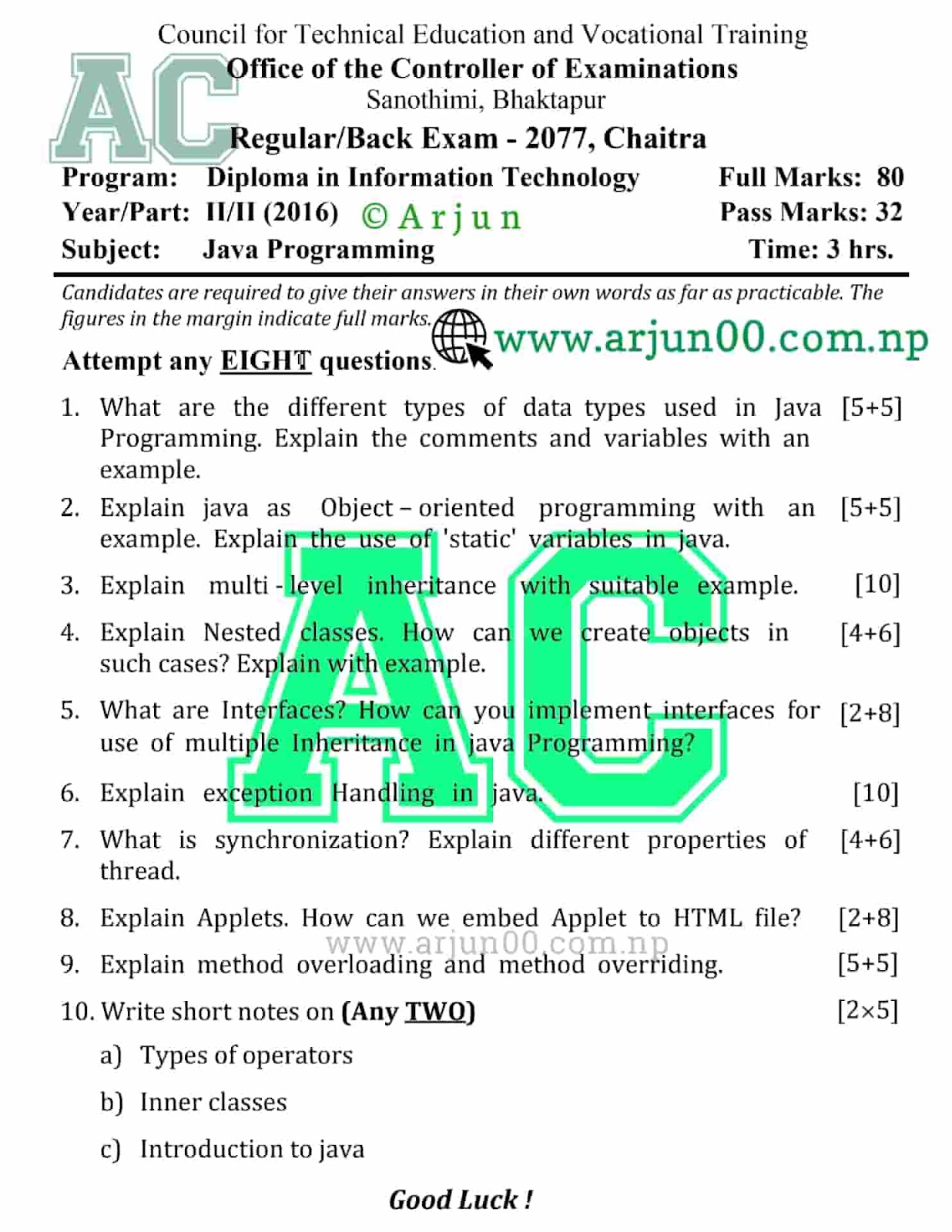 Java Programming :- 2081 to 2077  Question Paper of Fourth and Fifth Semester, Diploma in Computer and Information Technology Engineering- DCOM-IT ,CTEVT, Diploma,  Java Programming Elective I __Question Bank, Question Bank of Fourth/Fifth Semester, Java Programming  , arjun00 , DCOM Question Bank, Java Programming  2080 , 2079 , 2079 , 2078 ,2077 All Question Paper, arjun00