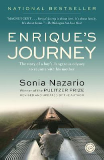 book cover image of Enrique's Journey: the story of a boy's dangerous odyssey to reunite with his mother, a book by Sonia Nazario. Book cover has a picture of a young boy sitting on top of a train car.