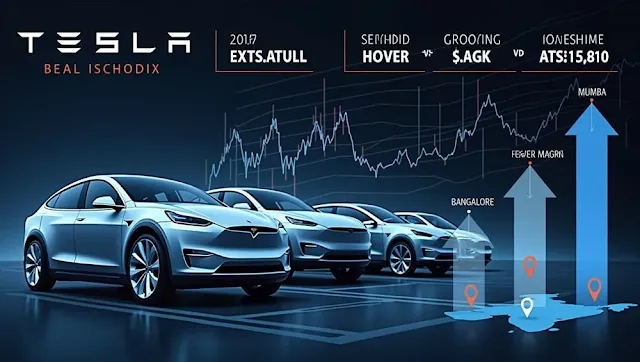 Graph showing Tesla’s projected Q2 2025 earnings per share drop to $0.44, slight revenue rise to $25.6B, and global challenges impacting margins, alongside India entry highlights.