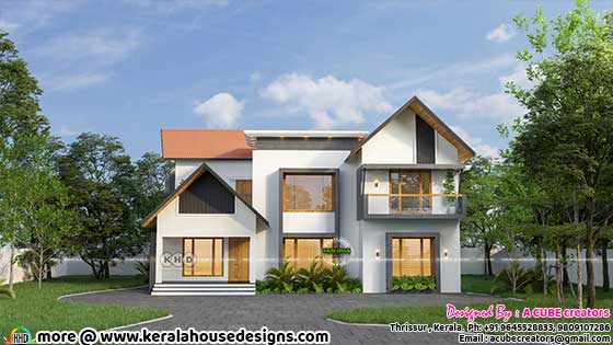 Aerial view of a spacious mixed roof 4 bedroom house with big plain glass windows, showcasing modern design and a seamless blend of style and comfort
