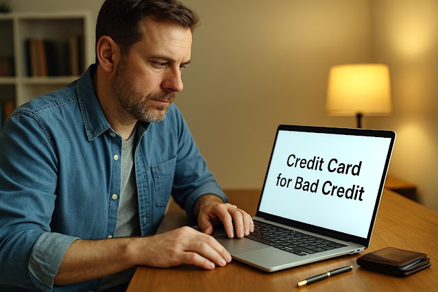 "Middle-aged man applying for a credit card for bad credit on laptop, wallet and pen on wooden desk