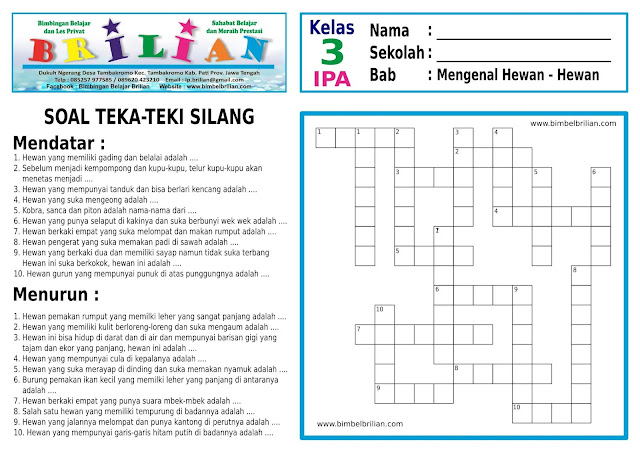 Soal Teka Teki Silang TTS  IPA Kelas 3 Bab Mengenal Hewan  