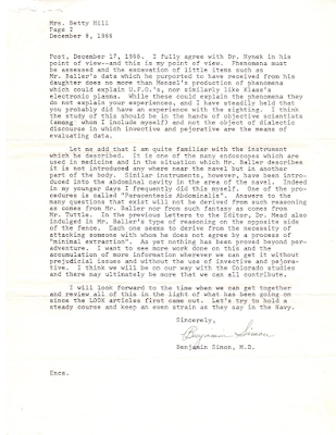 Letter To Betty Hill From Dr Benjamin Simon (pg 2)  12-8-1966