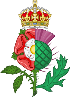 emblema heráldico de Jaime I com a rosa de Tudor cortada e montada com outra metade do cardo escocê e encimado pela coroa