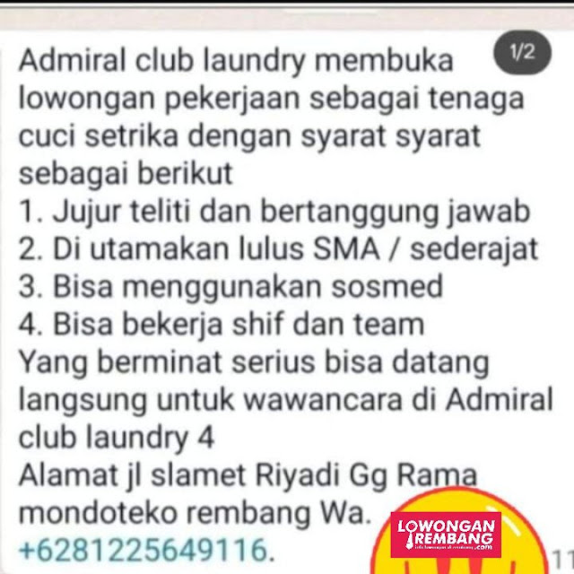 Lowongan Kerja Pegawai Tenaga Cuci dan Setrika Admiral Club Laundry Rembang