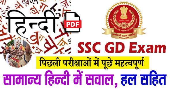 SSC GD General Hindi Previous Questions in Hindi