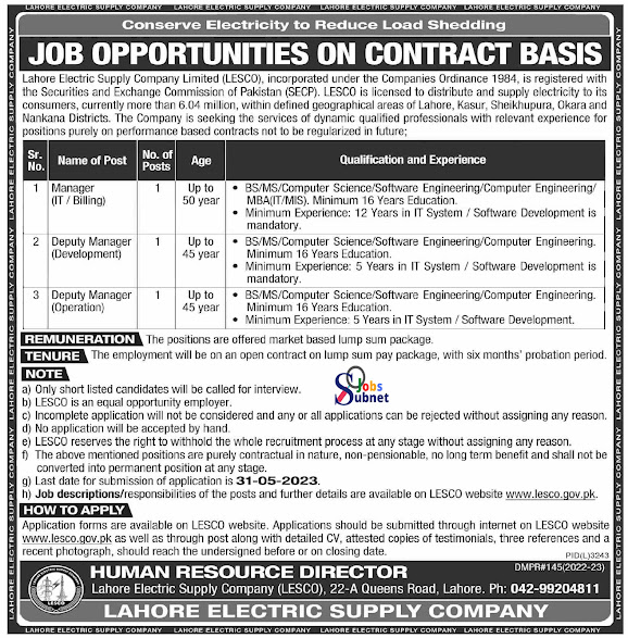 Lahore Electric Supply Company LESCO Government Jobs 2023