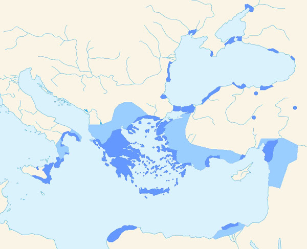 Imagen 147B | Área de lengua griega koiné: áreas en las que los hablantes de griego eran probablemente la mayoría. Zonas intensamente helenizadas con una importante minoría de habla griega. | Davius ​​/ Dominio público
