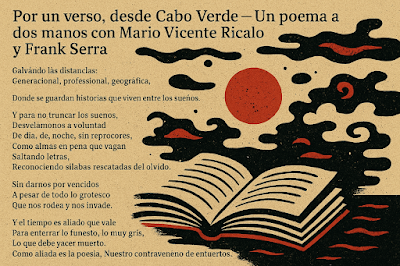 Imagen underground beige, rojo y negro de «Por un verso, desde Cabo Verde», poema de Mario Vicente Ricalo y Frank Serra, con libro abierto flotando sobre mar oscuro y cielo surrealista.