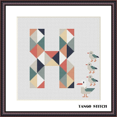 Letter X and funny seagull family cross stitch pattern