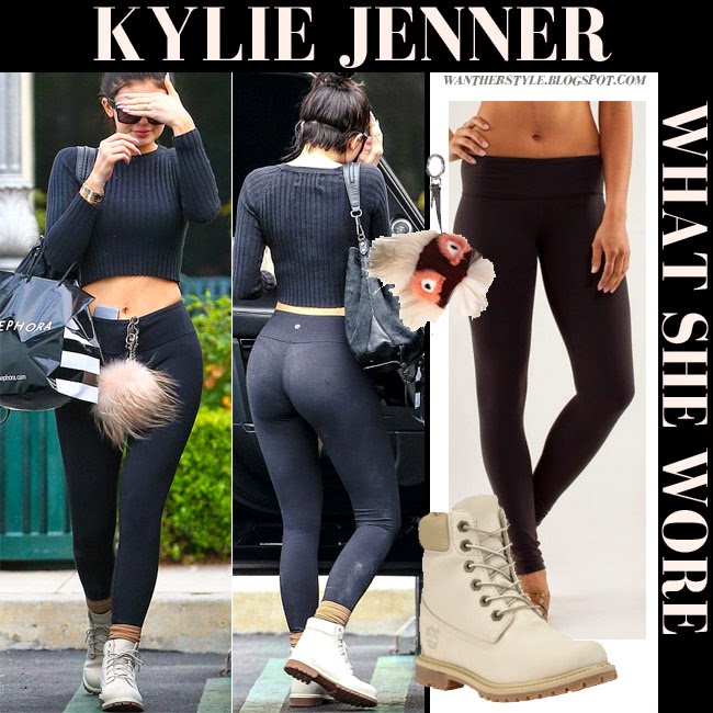 Kylie Jenner in black crop top with black leggings and leather ankle boots  shopping at Sephora on March 18 ~ I want her style - What celebrities wore  and where to buy