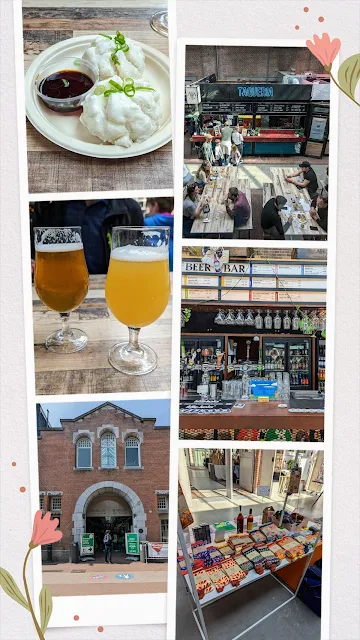 Collage of photos of food and shops at De Hallen in Amsterdam