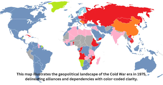 This map illustrates the geopolitical landscape of the Cold War era in 1975, delineating alliances and dependencies with color-coded clarity.