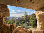 View from inside a church toward the valley